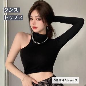 ダンストップス レディース アシンメトリー 片袖 タンクトップ ブラック へそ出し ショート丈 無地 ヒップホップ セクシー ジャズ 韓舞 送料無料 即納