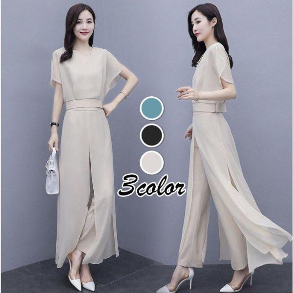 セットアップ レディース 40代 春夏 オシャレセットアップ 半袖ブラウス ワイドパンツ シフォン上...