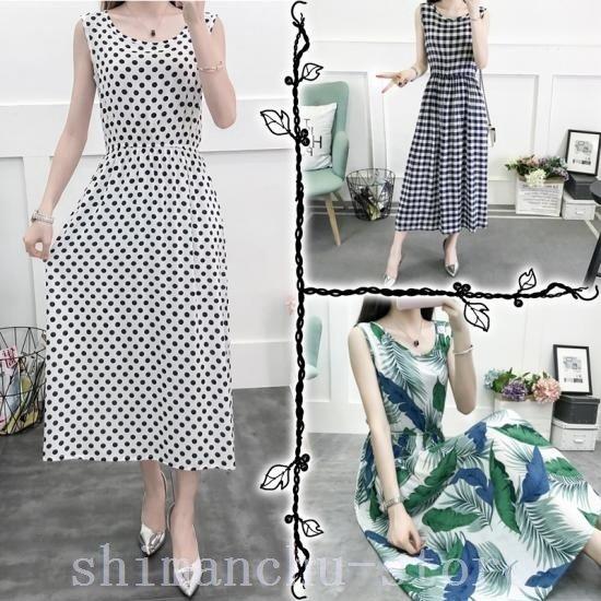 マキシ丈ワンピースノースリーブワンピースレディースロング丈ワンピース水玉夏服ドットAラインラウンドネ...