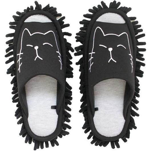 スリッパ　モップ  ネコ刺繍　ブラック ＢＫ　洗える　掃除　室内履き　キャラクター モップ付き　お掃...