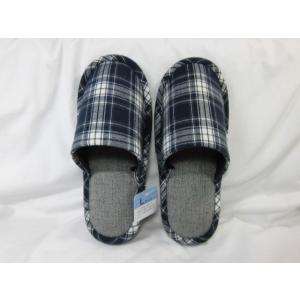 スリッパ　メンズ　紳士用　Ｌサイズ　ブルー チェック柄  秋 冬 用 外縫い 前閉じ 室内履き ゆっ...