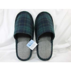 スリッパ　メンズ　紳士用　Ｌサイズ　グリーン チェック柄  秋 冬 用 外縫い 前閉じ 室内履き ゆ...