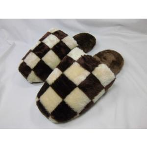 ボアスリッパ ブラウン ＢＲ 市松模様 ブロックチェック 裏面ビニール素材 室内用 おしゃれ あった...