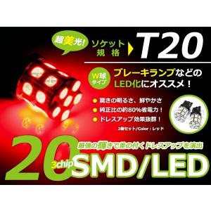 【メール便送料無料】 T20 SMD/LED ダブル レッド 20連 3チップ 2個1セット 左右 ウェッジ球 最新チップ採用 ウェッジ LEDバルブ｜fourms
