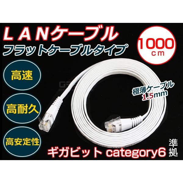 LANケーブル 10m カテゴリ6 フラットケーブル スリム 白 【有線 ネット 配線 コード PC...