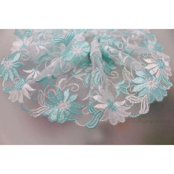 両山幅広チュール刺繍レース 1m 花 水色ｘ白 (LFLA02WTJSRY)