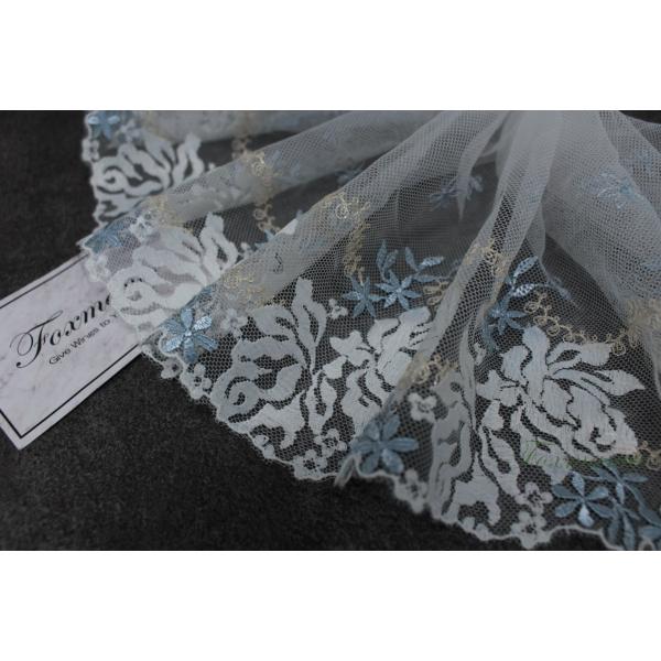 片山チュール刺繍レース 0.5m 花 キナリ ｘ ブルーグレー x ラメ糸 (LFLB02MXSHK...