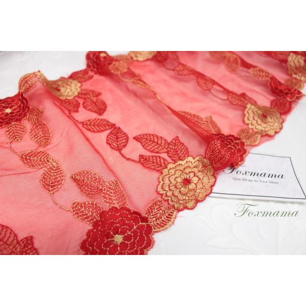 チュールレース 0.5m 花 牡丹 両山 赤 x 黄土色 (LFLB12RDHWRY)