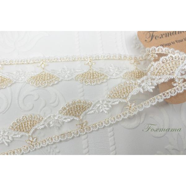 チュール刺繍レース 1m 扇 金ラメ x オフ白・キナリ (LFN402KNSJLM)