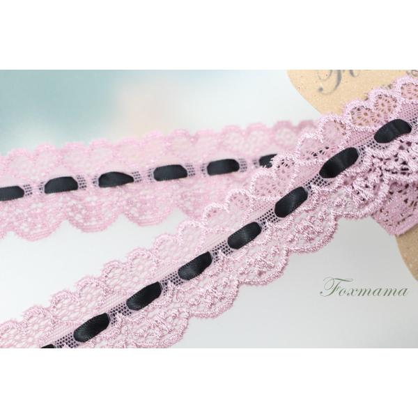 ストレッチレース 1m ハート 黒リボン ピンク紫 (LHT330PMSASC)