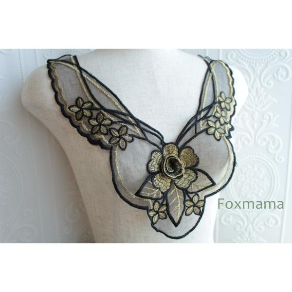 チュールレースモチーフ 1枚 立体花 黒x金色 (MCLC12BKHD00)