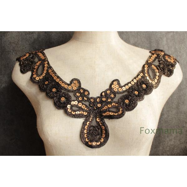 チュールコード刺繍モチーフ 1枚 スパンコール装飾 黒 x 金色ラメ (MCLC12GLHWSP)