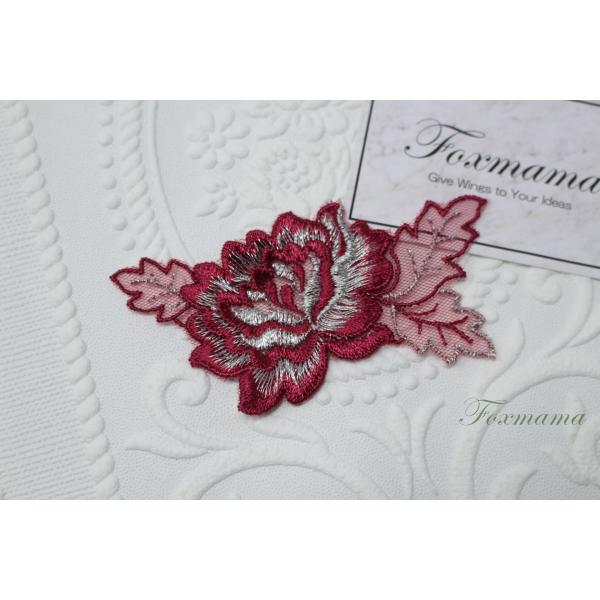 チュール刺繍モチーフ 2枚 花 銀ラメ シルバー x えんじ (MFLA02EJSJLM)
