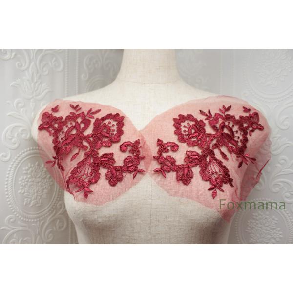 チュールコード刺繍モチーフ 1対 花 ワイン色 (MFLA92WNHLJL)