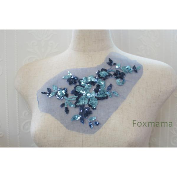 チュールスパンコール刺繍モチーフ 1枚 花 フラワー 青系 (MFLB12BLFOSP)