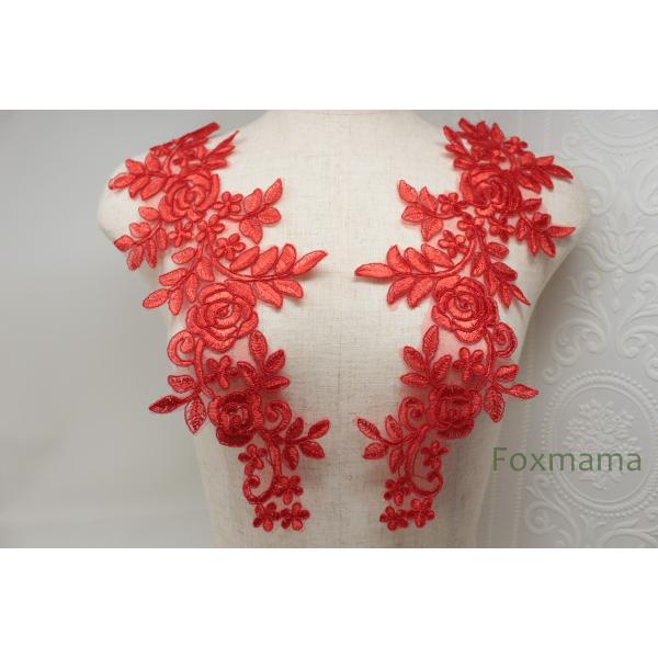 チュールコード刺繍モチーフ 1対 花 赤色 (MFLC42RDEJJL)
