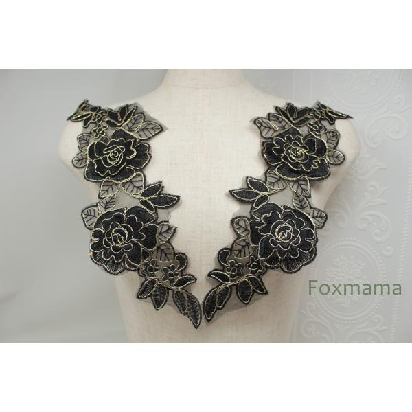 【訳ありセール品】オーガンジーコード刺繍モチーフ 1対 花 黒色×金ラメコード糸 (MFLC53BK...