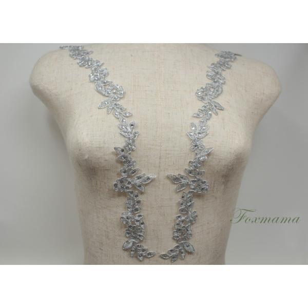 チュールコード刺繍モチーフ 1対 花 シルバーxグレー ラインストーン装飾 (MFLC72SVHWJ...