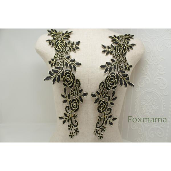 チュールコード刺繍モチーフ 1対 花 黒色×金色 (MFLC92BKEJJL)