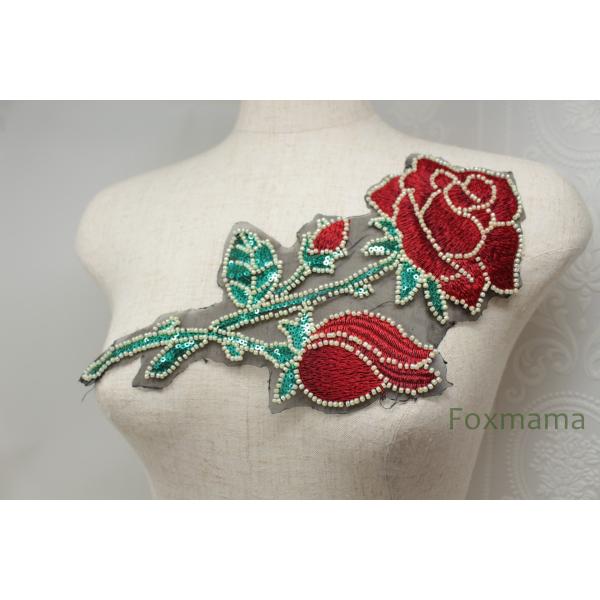 オーガンジー刺繍モチーフ 1枚 バラ 花 スパンコール・ビーズ装飾 赤色系 (MRSB93RDHWS...