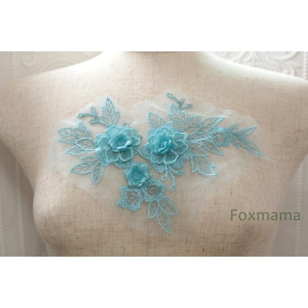 チュール刺繍花びら立体モチーフ フラワー 1枚 水色×水色ラメ Aタイプ (MTHB02WTFO0A...