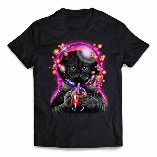 【黒猫 ねこ タピオカ 宇宙飛行士】キッズ 半袖 Tシャツ by Fox Republic