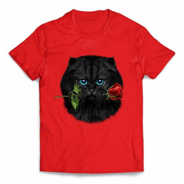 【黒猫 ねこ 薔薇 バラ バレンタイン】キッズ 半袖 Tシャツ by Fox Republic