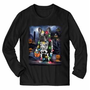 メンズ Tシャツ 長袖 フレンチブルドッグ 犬 いぬ ハロウィン 仮想 コスチュームスカル 骸骨 ライト オバケ かぼちゃ by Fox Republic｜foxrepublic