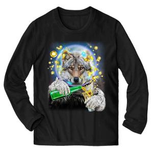 メンズ Tシャツ 長袖 オオカミ 狼 宇宙 飛行士 銀河系 ジュース 探検 by Fox Republic