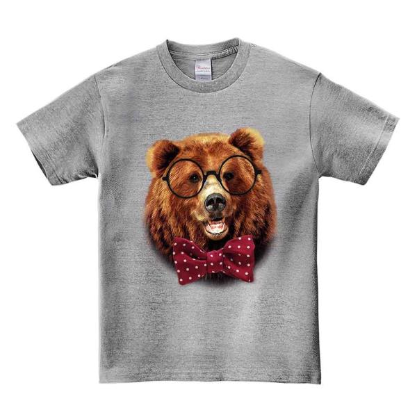 【メガネをかけ蝶ネクタイをしたグリズリーベア・クマ・熊 】メンズ 半袖 Tシャツ