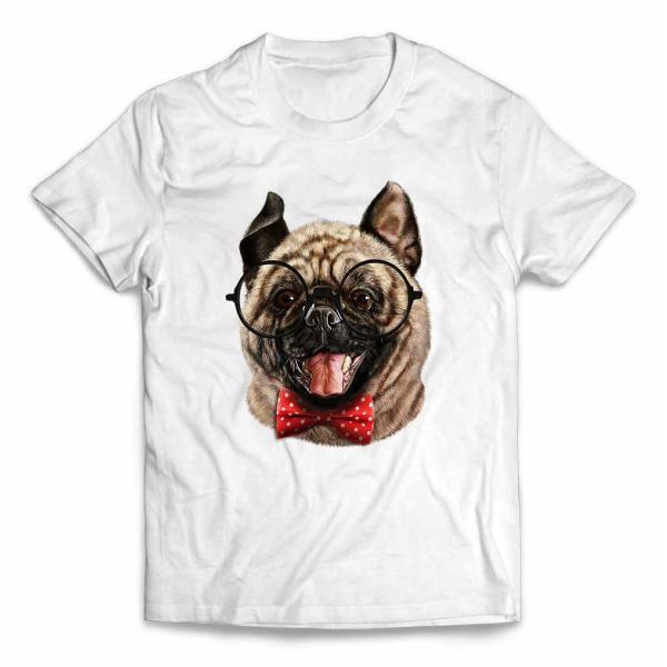 【めがね パグ 蝶ネクタイ いぬ 犬】メンズ 半袖 Tシャツ by Fox Republic