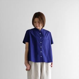 HUIS ハウス オーガニックコットンバンドカラー半袖ワイドブラウス フレンチネイビー レディース 遠州織物