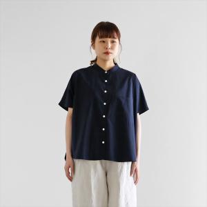 HUIS ハウス オーガニックコットンバンドカラー半袖ワイドブラウス