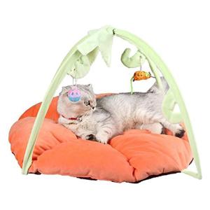 HJ 犬猫ベッド ペットベッド テント 猫用ベッド 小型犬用 おもちゃ付き ドーム ハウス マット ふわふわ 暖かい 冬 かわいい 保温 (オレ｜free-store78