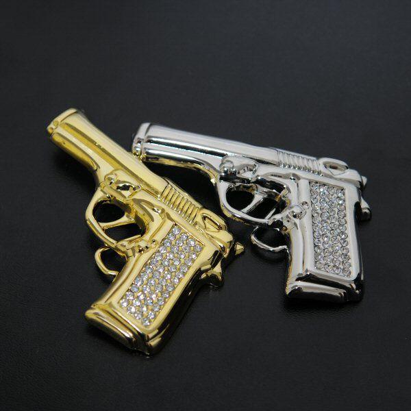 ベルト バックル キュービックジルコニア付 ピストル シルバーorゴールド【BELT 合金製 骸骨 ...