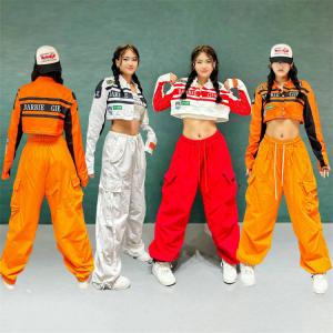 レディース DS演出服 大人 ダンス衣装 スポーツ風 ヒップホップ k-pop  jazz アイドル レッド ホワイト オレンジ 上着 長袖 へそ出し カーゴパンツ   チ｜フリー商事ストア