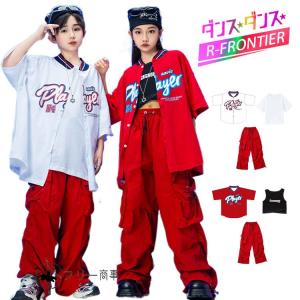 ベースボールシャツ 赤 白 キッズ ダンス 衣装 セットアップ ヒップホップ シャツ ゆったり カーゴパンツ キッズ へそ出し トップス k-pop 衣装 韓国 カコイイ