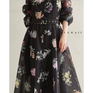 SからM対応 黒 ハリ感ベールの花集めミディアムワンピース インナー ベルト付き