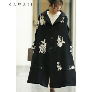 【セール商品返品交換不可】cawaii Lから3L対応  黒 エレガントなジャガードの花咲くロングコート