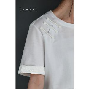 SからL対応 刺繍袖のチャイナボタンTシャツトップス｜french-pave