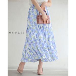 Sから3L対応 優しく染まる淡い花のワッシャープリーツミディアムスカート