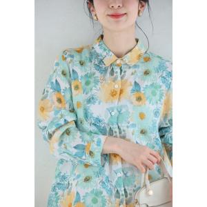 SからL対応 涼しく柔らかな花の水彩画シャツトップスの詳細画像1