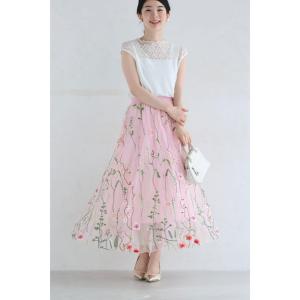 Sから2L対応 一面に広がる花刺繍チュールミデ...の詳細画像1