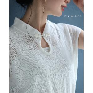 SからL対応 アジアンデザインな首元のメッシュカットソートップス