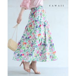 SからL対応 色とりどりの水彩花ティアードミディアムスカート