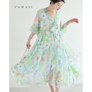 Sから2L対応 日差しに揺れる花の陽だまりミディアムワンピース