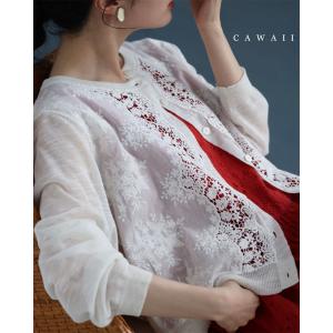 Sから3L対応 雅なレースが流れる刺繍シアーカーディガン