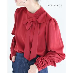 SからL対応 袖に咲く花のリボンブラウストップス