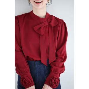 SからL対応 袖に咲く花のリボンブラウストップスの詳細画像3