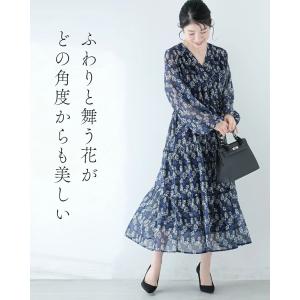 ML/2L3L対応 揺らめく花のシフォンワンピースの詳細画像1